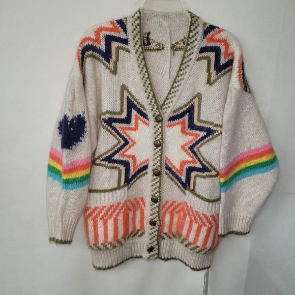 Commense Caesars Palace Cardigan Sweater Khaki Star Rainbow Knit Button Up Small - Picture 1 of 13